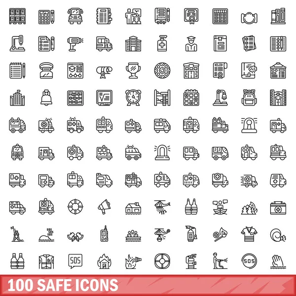 100 Iconos Seguros Esquema Ilustración 100 Iconos Seguros Vector Conjunto — Vector de stock