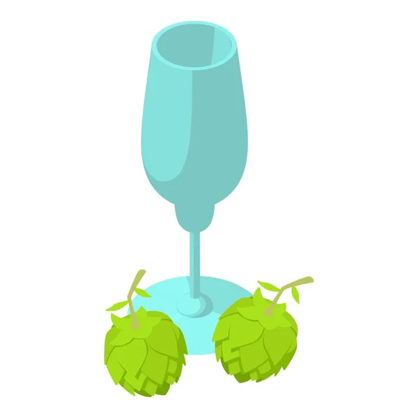 成分アイコン等角ベクトルを飲む ホップの空のワイングラスと緑の花 アルコール飲料の製造 — ストックベクタ