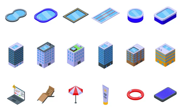 Büroschwimmbecken Symbole Setzen Isometrischen Vektor Arbeiterin Stadtentspannung — Stockvektor