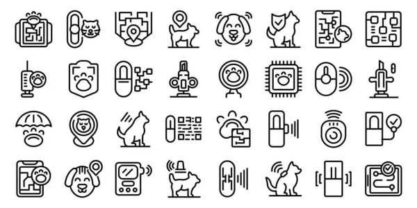 Microchip Icone Pet Set Vettore Contorno Futuro Digitale Lettore Teg — Vettoriale Stock