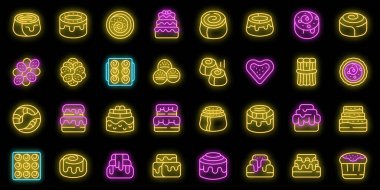 Tarçınlı çörek simgeleri ana hat vektörünü ayarlayın. Yemek pişmiş. Siyah üzerine Danimarka pastası neon rengi