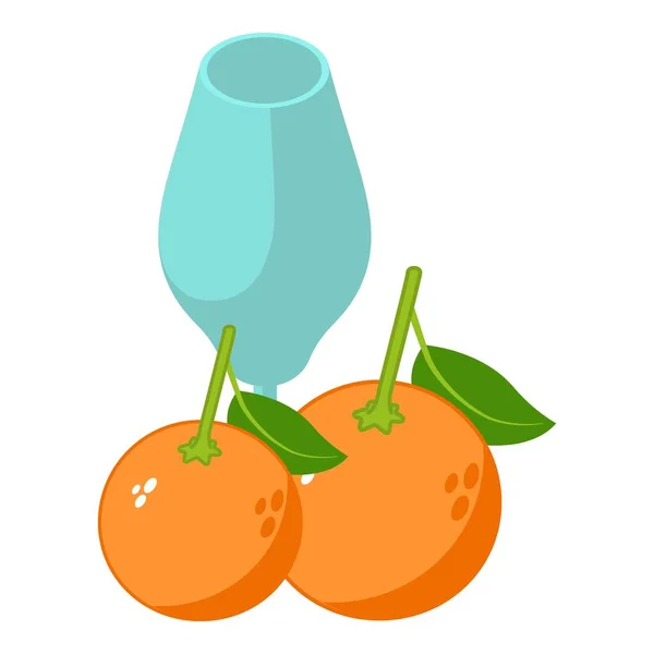 オレンジドリンクアイコン等角ベクトル 葉とガラスゴブレットと新鮮な熟したオレンジ 飲料のコンセプト 天然成分 — ストックベクタ