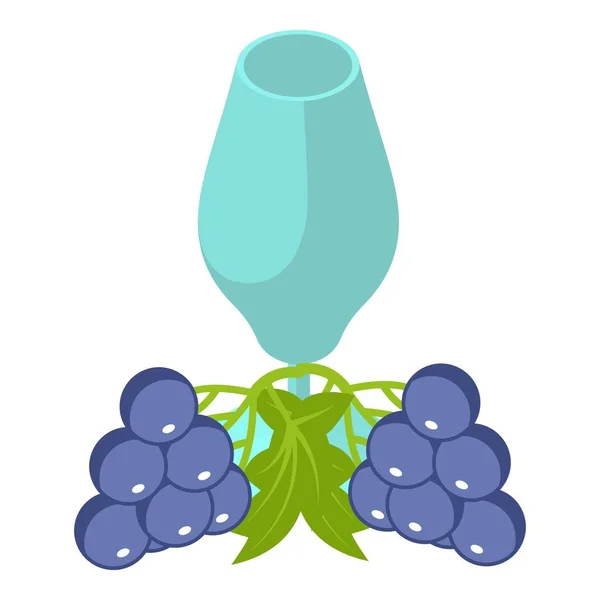 ブドウ飲料アイコン等角ベクトル ブルーの熟したブドウの房のアイコンの近くのガラスのゴブレット 飲料のコンセプト 天然成分 — ストックベクタ