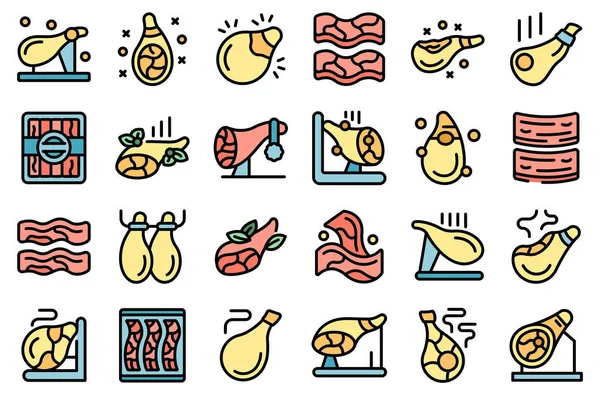 Jamon Symbole Setzen Umrissvektoren Lebensmittelschinken Schwein Huf Dünne Linie Farbe — Stockvektor