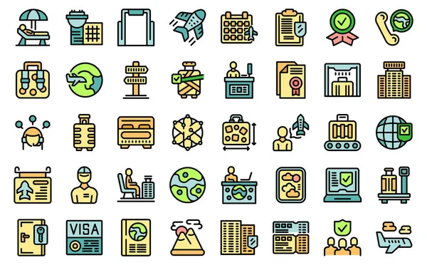 stock vector Travel agent icons set outline vector. Abroad journey. Go tourism thin line color flat on white