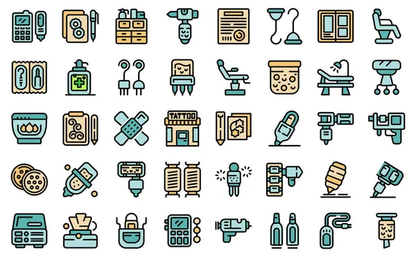 stock vector Tattoo equipment icons set outline vector. Machine needle. Studio tool thin line color flat on white