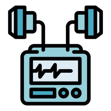 Defibrilatör makine simgesi. Beyaz arkaplan renklerinde izole edilmiş web tasarımı için defibrilatör makine vektör simgesi taslağı