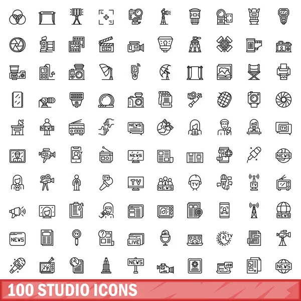 100 Ícones Estúdio Desenho Ilustração 100 Ícones Estúdio Conjunto Vetorial —  Vetores de Stock