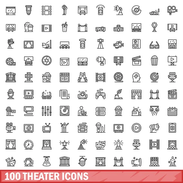 100 tiyatro ikonu hazır. Beyaz arkaplanda izole edilmiş 100 tiyatro ikonu vektörünün ana hatları