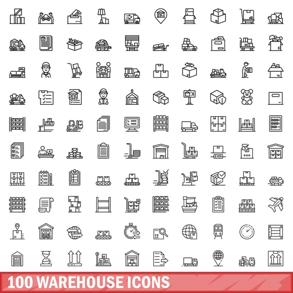 stock vector 100 warehouse icons set. Outline illustration of 100 warehouse icons vector set isolated on white background