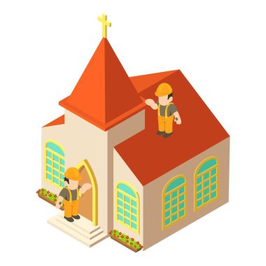 Çalışma ikonu izometrik vektörü boyanıyor. Hıristiyan kilise binası ve iki işçi. Kilise onarımı, bitirme işi