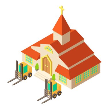 İnşaat alanı ikon izometrik vektörü. Kilise binası ikonunun yanında iki forklift. İnşa ve yeniden yapılandırma kavramı