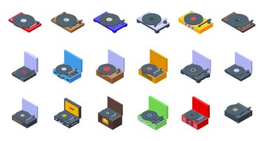Vinil oynatıcı simgeleri izometrik vektörü ayarladı. Müzik kaydı. Eski teknoloji
