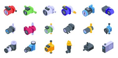 Su sirkülasyon pompası ikonları izometrik vektör ayarlandı. Tedavi merkezi mi? Bitki tankı