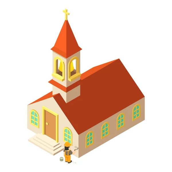 Icono Trabajo Renovación Vector Isométrico Obrero Pinta Edificio Iglesia Cristiana — Archivo Imágenes Vectoriales