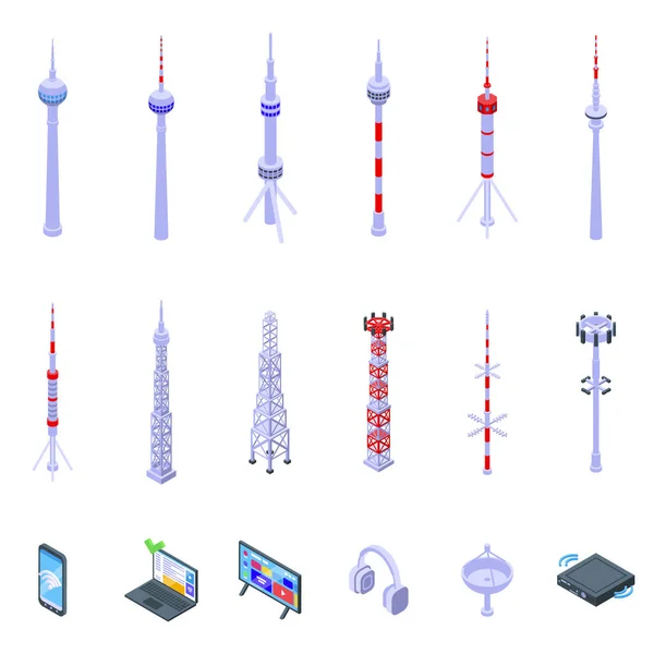 Iconos Torre Establecen Vector Isométrico Torre Viaje Ciudad Cielo — Archivo Imágenes Vectoriales
