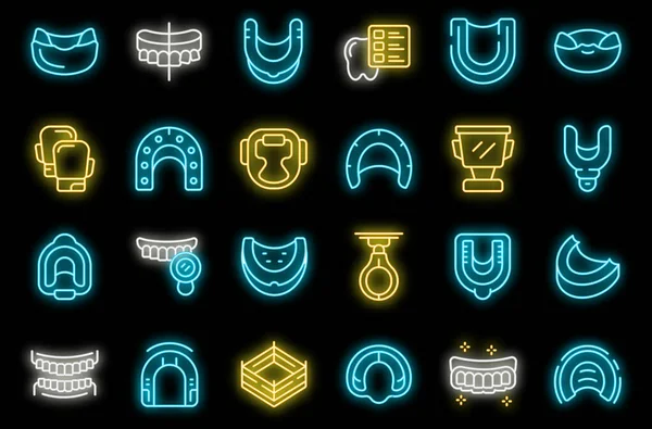 Mundschutz Symbole Setzen Umrissvektoren Boxerzahn Protektor Mund Neon Farbe Auf — Stockvektor