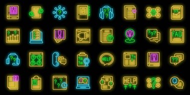 SSS sayfa simgeleri ana hat vektörünü ayarlayın. Tavsiye sayfası. Siyah üzerine çevrimiçi neon rengi