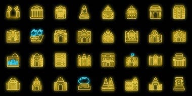 Saint Petersburg simgeleri ana hat vektörünü ayarladı. Şehir silüeti. Seyahat inşaat neon rengi siyah üzerine