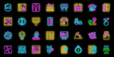 Başarısız başlangıç simgeleri ana hat vektörünü ayarlayın. Kırık bir kaza. Roket aşağı neon rengi üzerine siyah