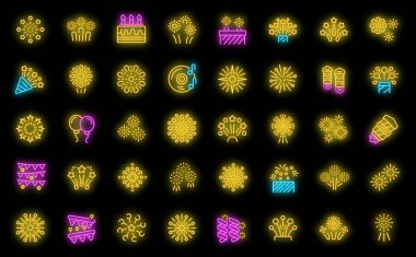 Havai fişek simgeleri ana vektörü ayarlar. Yeni yıl. Kutlama insanları siyah üzerine neon rengi