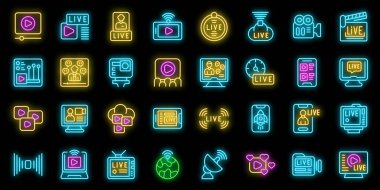 Canlı yayın simgeleri ana hat vektörünü ayarlayın. Hava müziği. TV şimdi siyah üzerine neon rengi