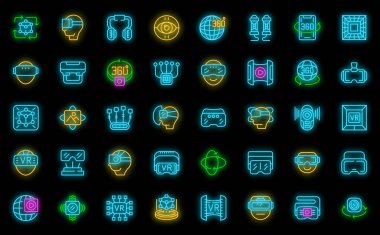 Sanal gerçeklik başlığı simgeleri dış hat vektörünü ayarlar. Oyun vr. Sanal gerçeklik siyah üzerine neon rengi