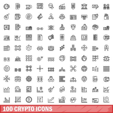 100 kripto simgesi ayarlandı. Beyaz arkaplanda izole edilmiş 100 kripto simgesi vektörünün taslak çizimi