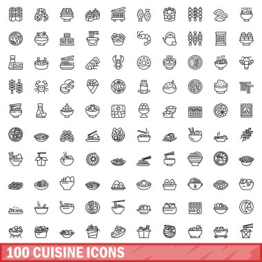 100 mutfak ikonu hazır. Beyaz arkaplanda izole edilmiş 100 mutfak simgesi vektörünün taslağı