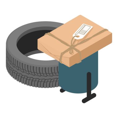 Konsept izometrik vektörünü yeniden kullan. Araba lastiği ve paket kutusu çöp konteynırının yanında. Endüstriyel çöp, çevre sorunu