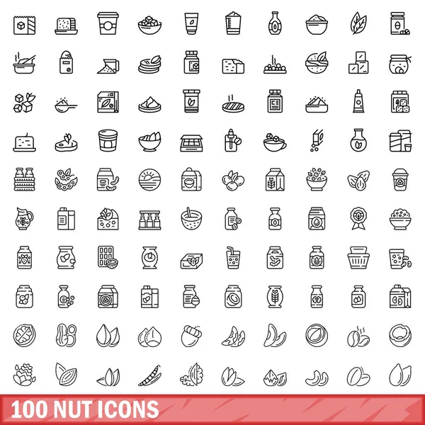 100 Nut Icons Set Outline Illustration 100 Nut Icons Vector — Stock Vector