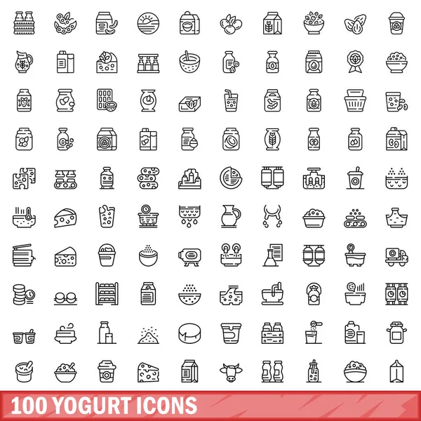 Set 100 Iconos Yogur Esquema Ilustración 100 Iconos Yogur Vector — Vector de stock