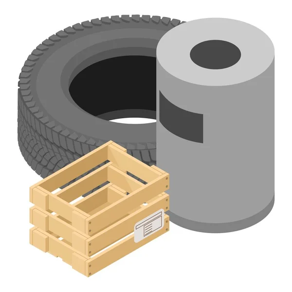 工业废物图标等量矢量 车胎靠近板条箱和街道金属骨灰盒 工业垃圾 环境问题 — 图库矢量图片