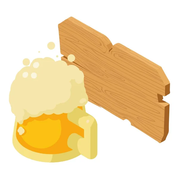 ビールの脱ガスアイコン等角ベクトル 泡立つビールマグカップと木製のバーの看板 — ストックベクタ