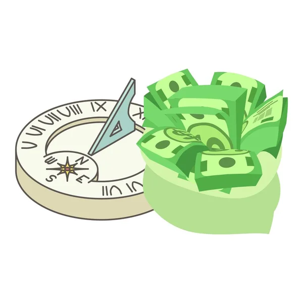 ファイナンスコンセプトアイコン等価ベクトル 古い日時計とドル札付きオープンバッグ お金の時間 金融の概念 — ストックベクタ