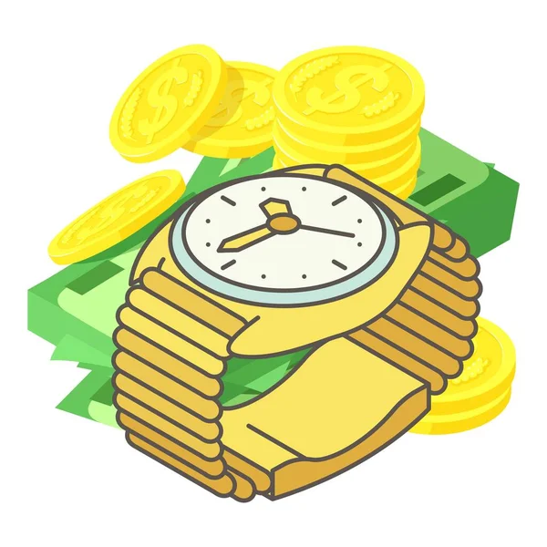Ikona Zarządzania Gotówką Wektor Izometryczny Zegarek Pobliżu Banknotu Dolarowego Złotej — Wektor stockowy