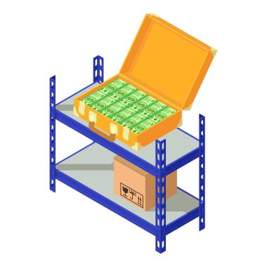 Depo işi ikonu izometrik vektörü. Depo rafında para dolu bavulu aç. Lojistik konsept, depolama hizmeti