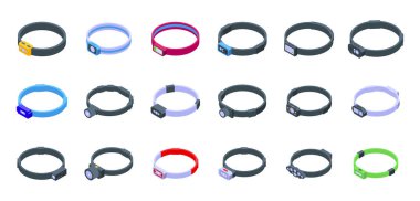 Baş lamba simgeleri izometrik vektör ayarlandı. Kafa çakması. İnsanlar seyahat eder