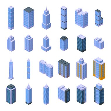Yüksek binaların simgeleri izometrik vektör belirledi. Ofis planı. Zemin kulesi