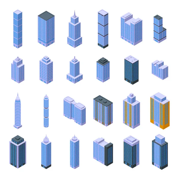 Los Iconos Edificios Altos Establecen Vector Isométrico Plan Oficina Torre — Vector de stock