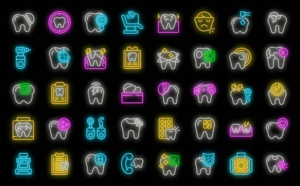 Toothache Icons Set Outline Vector Tooth Kid Bad Pain Neon — Stock Vector