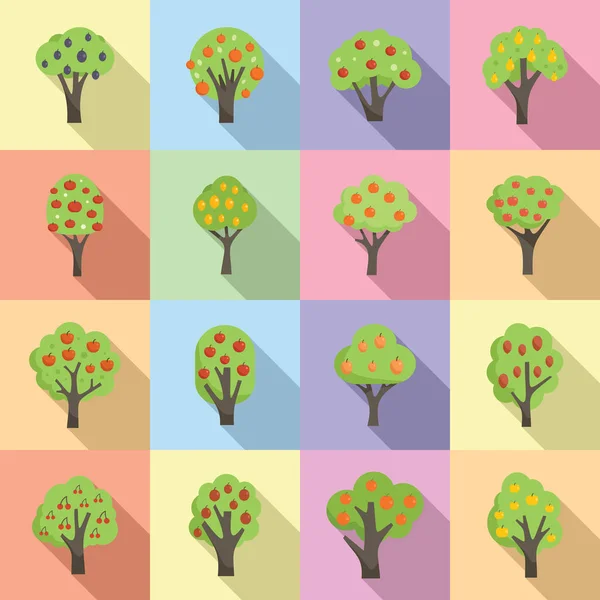 Ikony Drzew Owocowych Ustawiają Płaski Wektor Jabłkowy Ogród Owoce Drzew — Wektor stockowy