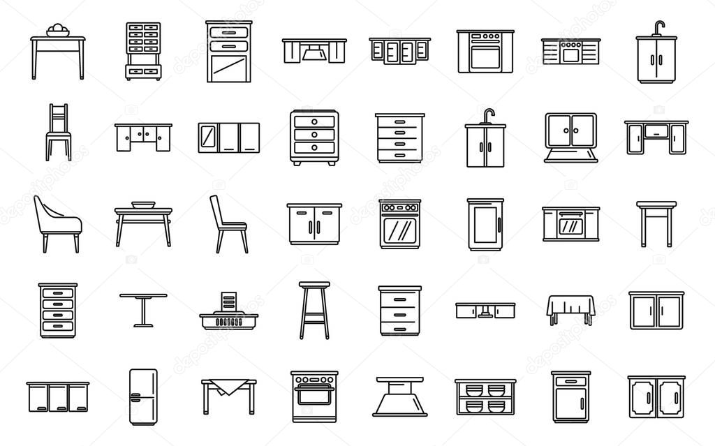 Kitchen furniture icons set outline vector. Apartment comfort. Fridge dinning