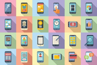Akıllı telefon simgeleri düz vektör ayarlanıyor. Uygulama bağımlılığı. Ses telefonu
