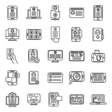 Elektronik hasta kartı simgeleri ana hat vektörünü ayarlıyor. Tıbbî bakım. Dijital ekran
