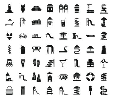 Su parkı simgeleri basit bir vektör belirledi. Kaydırak havuzu. Su parkında yüz