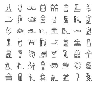 Su parkı simgeleri ana hat vektörünü ayarlıyor. Kaydırak havuzu. Su parkında yüz