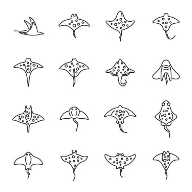 Stingray simgeleri dış hat vektörünü ayarlar. Okyanus balığı. Deniz yaşamı