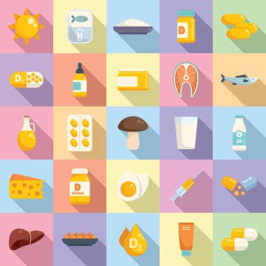 D vitamini simgeleri düz vektör ayarlandı. Tıbbi takviye. Omega sağlık