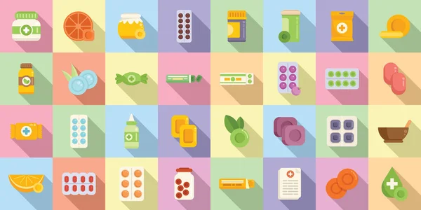 Toux Gouttes Icônes Définir Vecteur Plat Médicament Contre Les Pilules — Image vectorielle